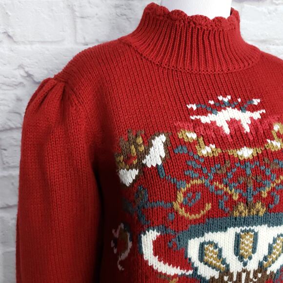 Vintage Red Puff Sleeve Sweater High Neck Button Detail Teapot Cottagecore Sz S - Picture 3 of 14